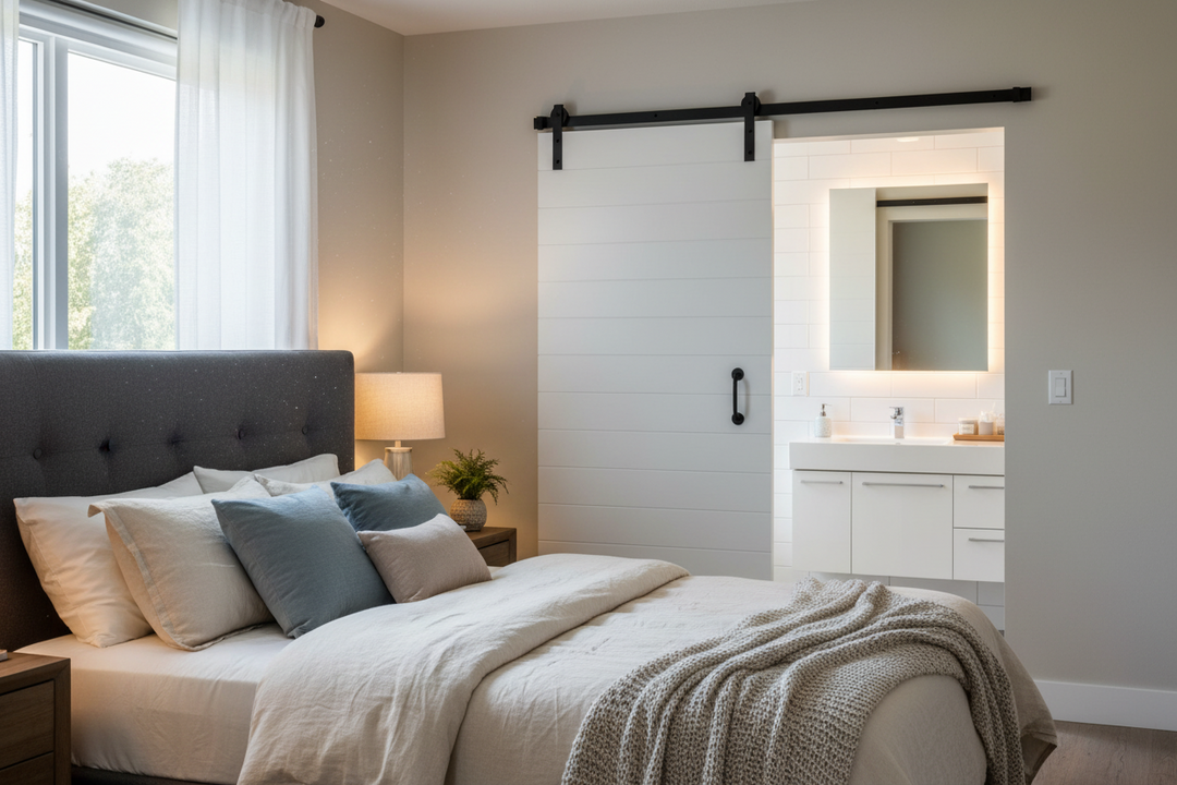 Bedroom with a bed, nightstands, and a sliding barn door leading to a bathroom.