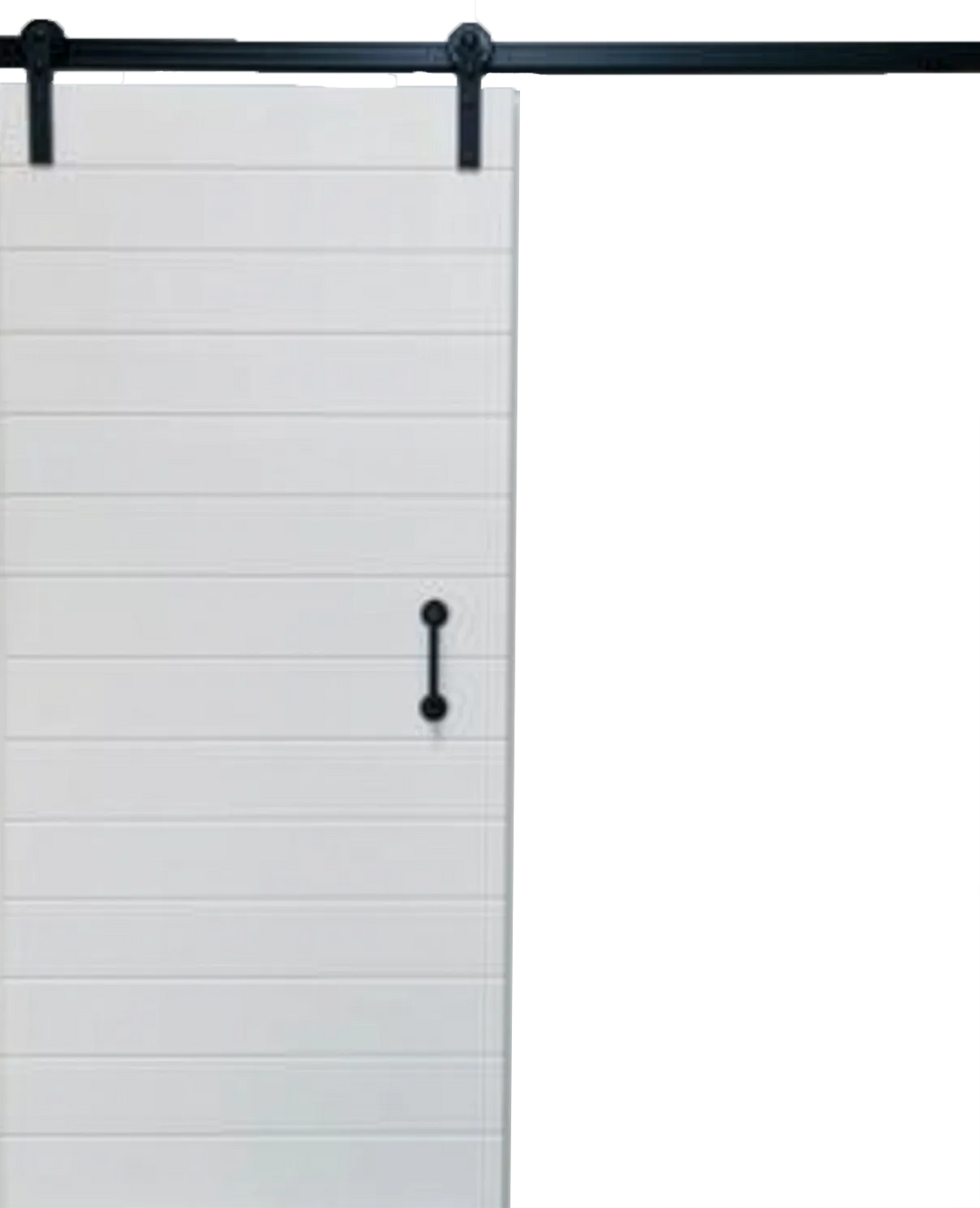 Horizon Barn Door.webp: Horizon Matt White sliding barn door featuring a modern horizontal panel design with black powder-coated steel hardware and track.