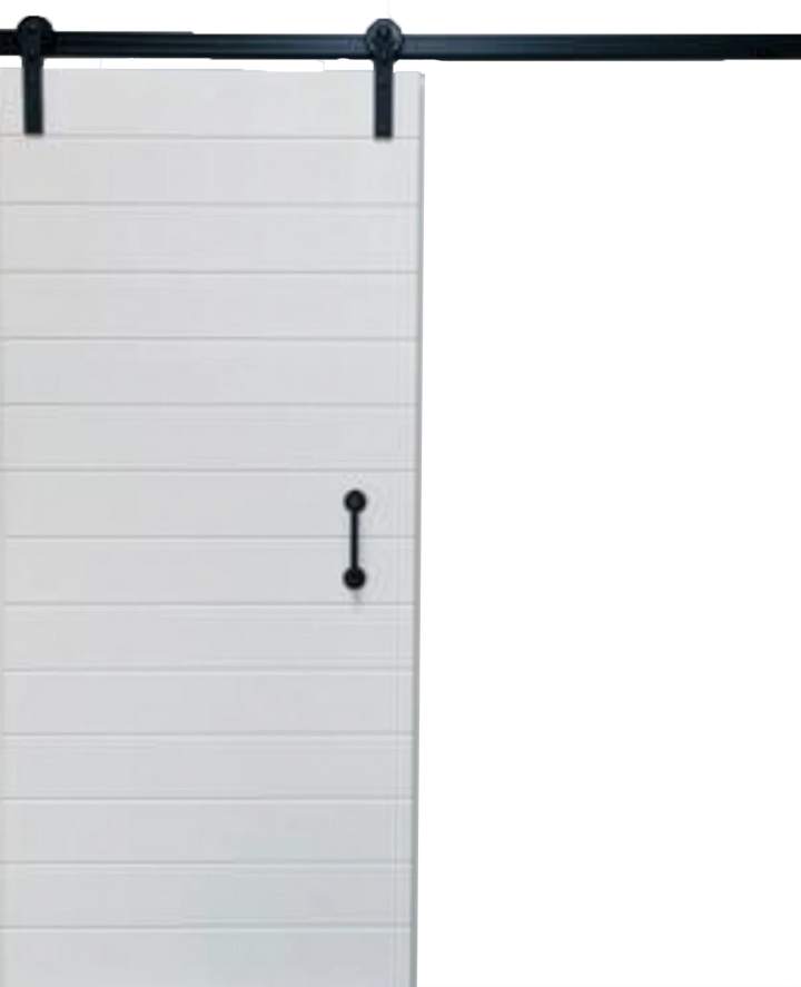 Horizon Barn Door.webp: Horizon Matt White sliding barn door featuring a modern horizontal panel design with black powder-coated steel hardware and track.