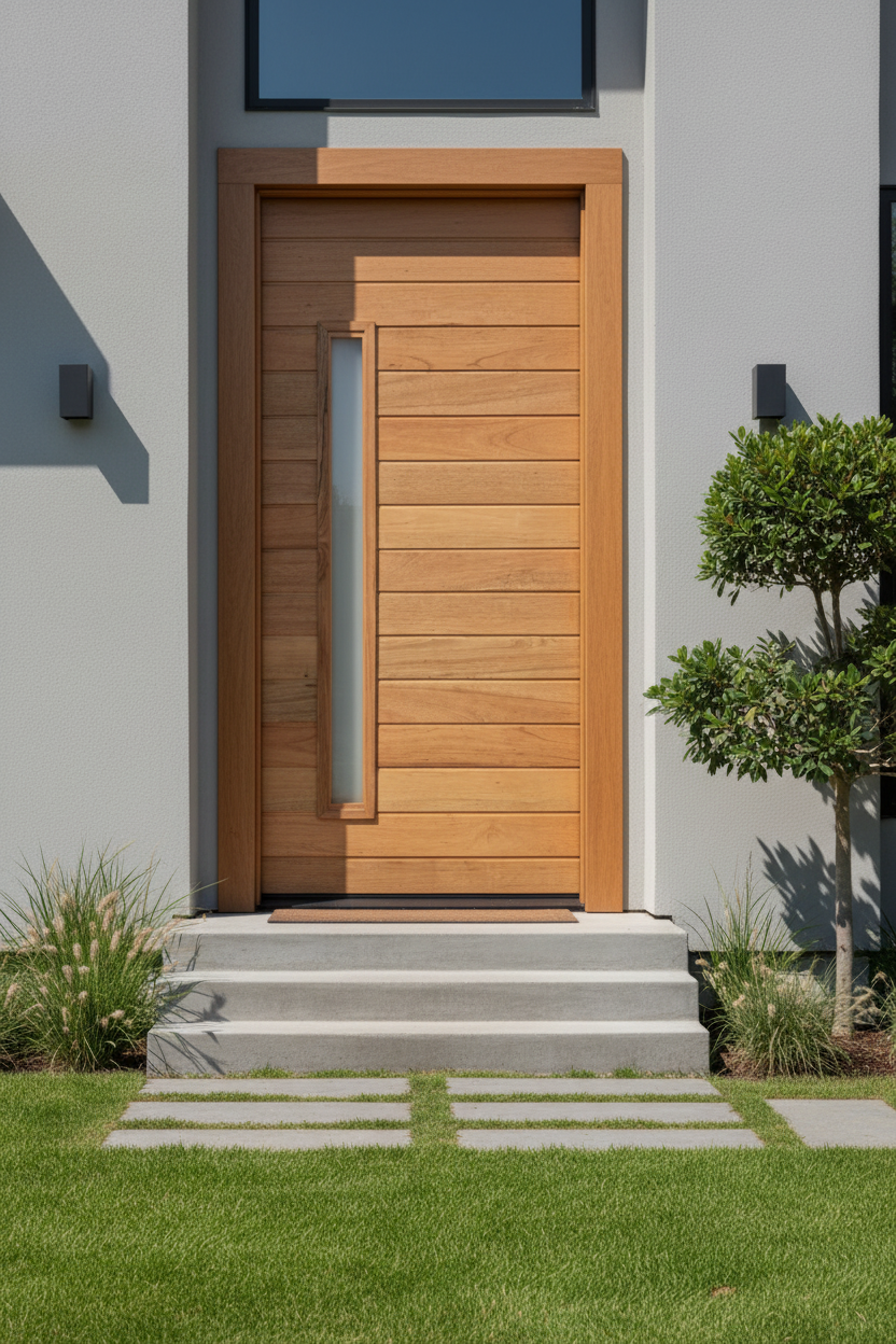 Modern wooden front door of a house with steps leading up to it.