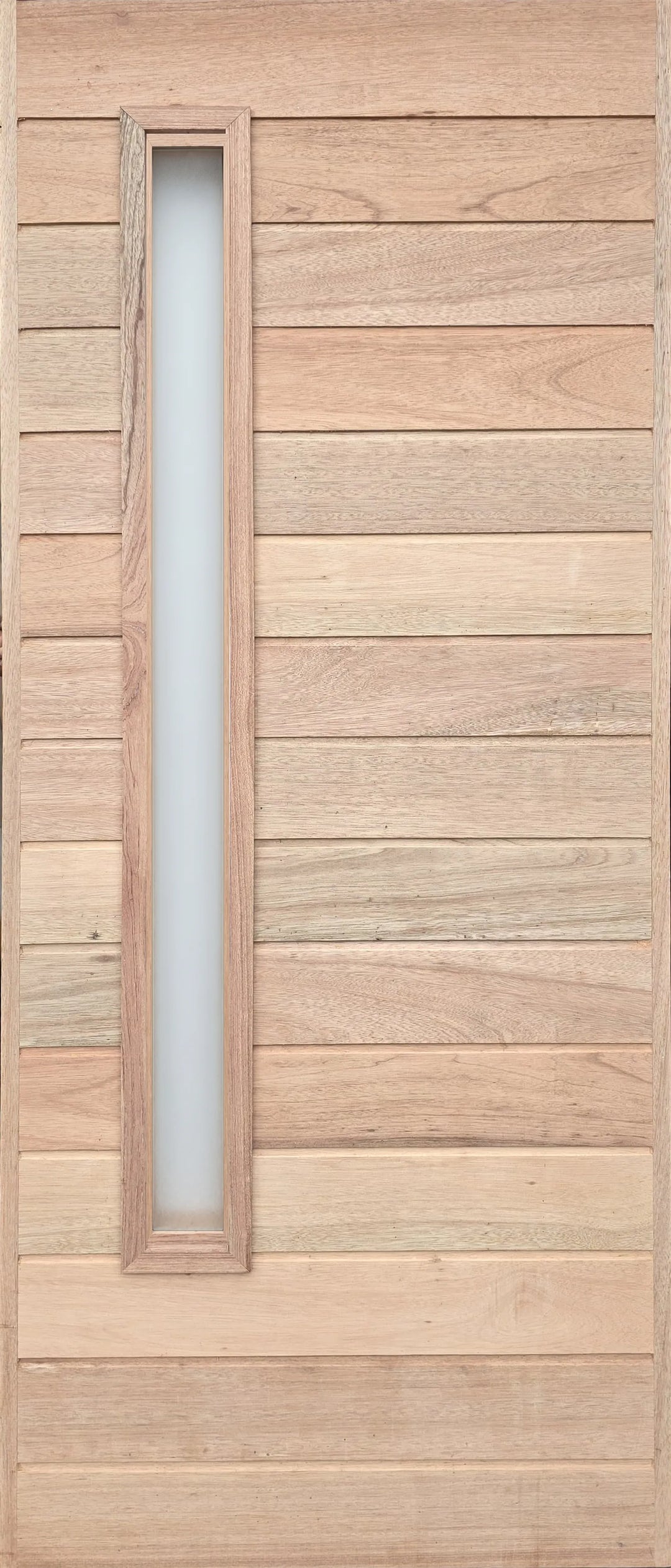 Modern Meranti timber exterior door with horizontal slats and a long vertical glass cutout, including glazing beads.