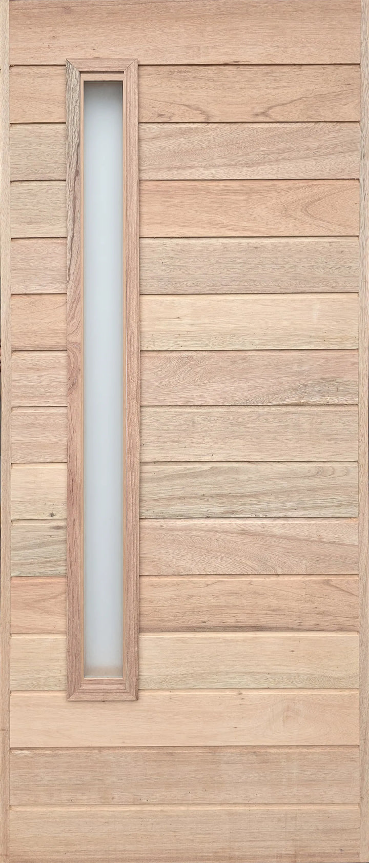 Modern Meranti timber exterior door with horizontal slats and a long vertical glass cutout, including glazing beads.