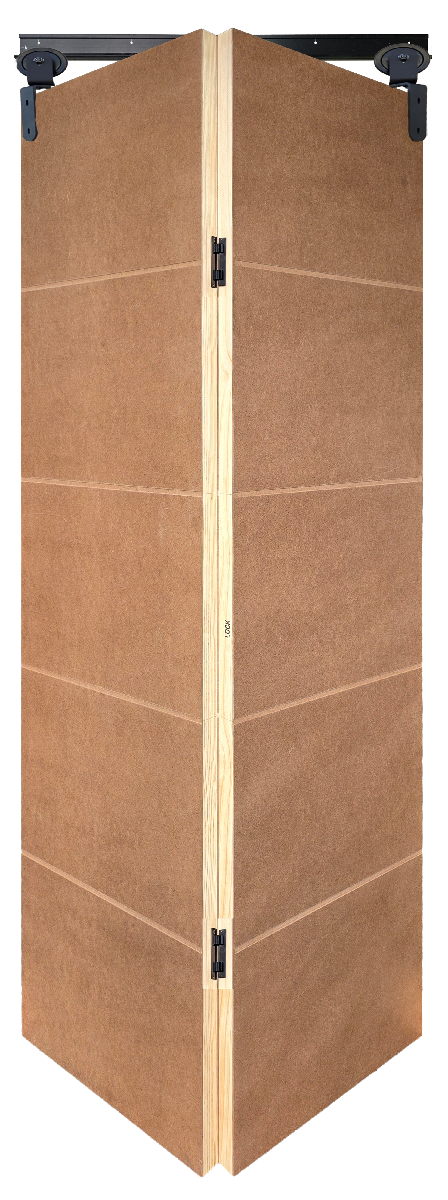Economy Light Duty Bi-Fold Barn Door Pair - 4 Shallow Grooves - Hollow Core with Black Sinkless Hinges slightly open