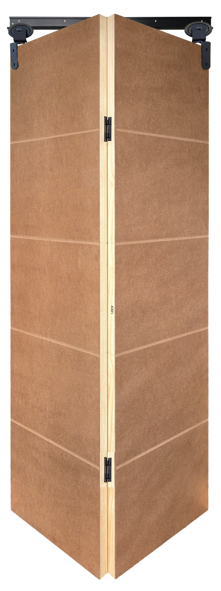 Economy Light Duty Bi-Fold Barn Door Pair - 4 Shallow Grooves - Hollow Core with Black Sinkless Hinges slightly open