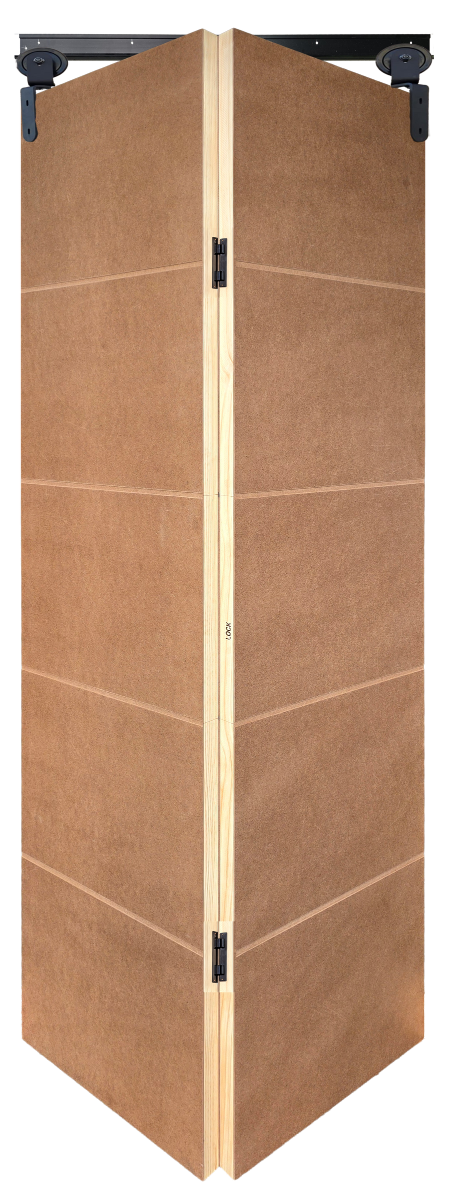 Economy Light Duty Bi-Fold Barn Door Pair - 4 Shallow Grooves - Hollow Core with Black Sinkless Hinges slightly open