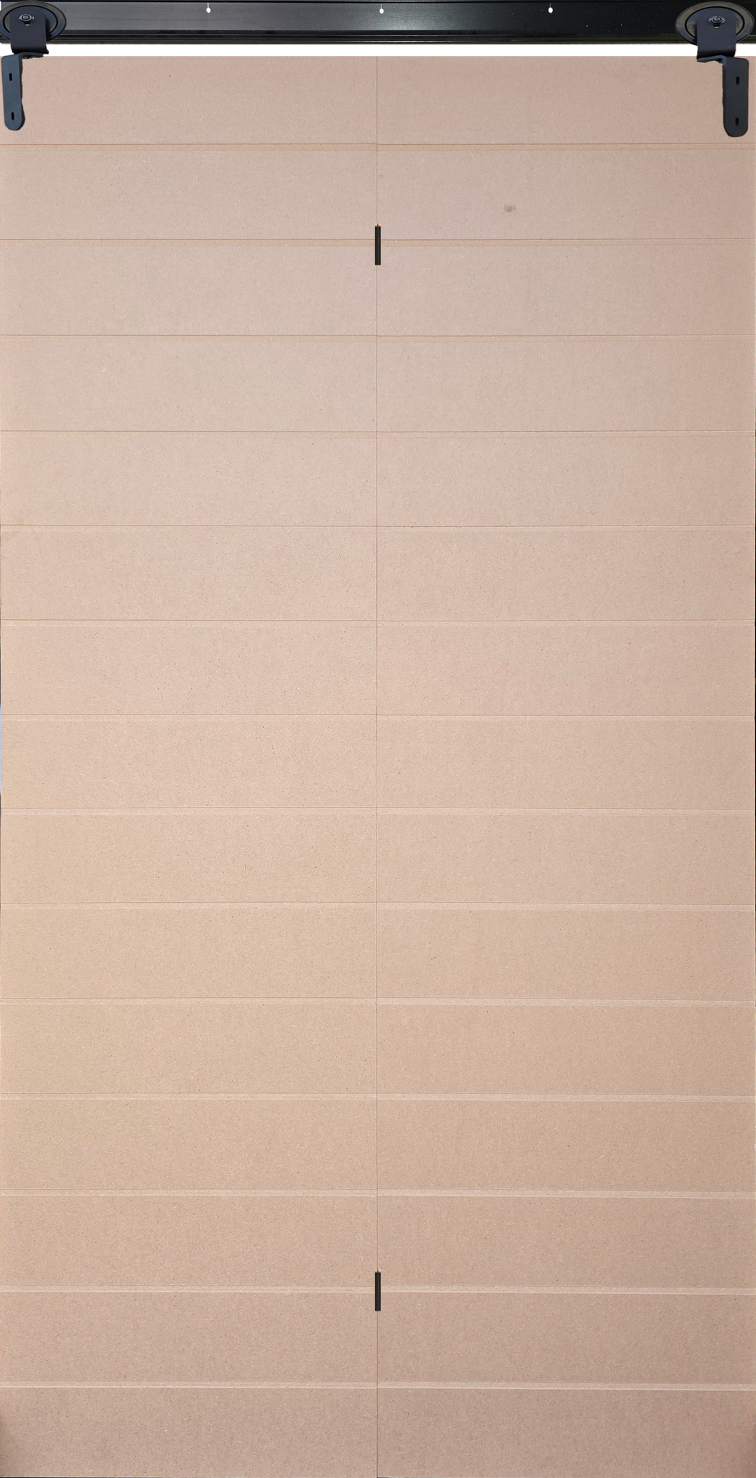 Closed view of economy 14-groove bi-fold barn door with black hardware.