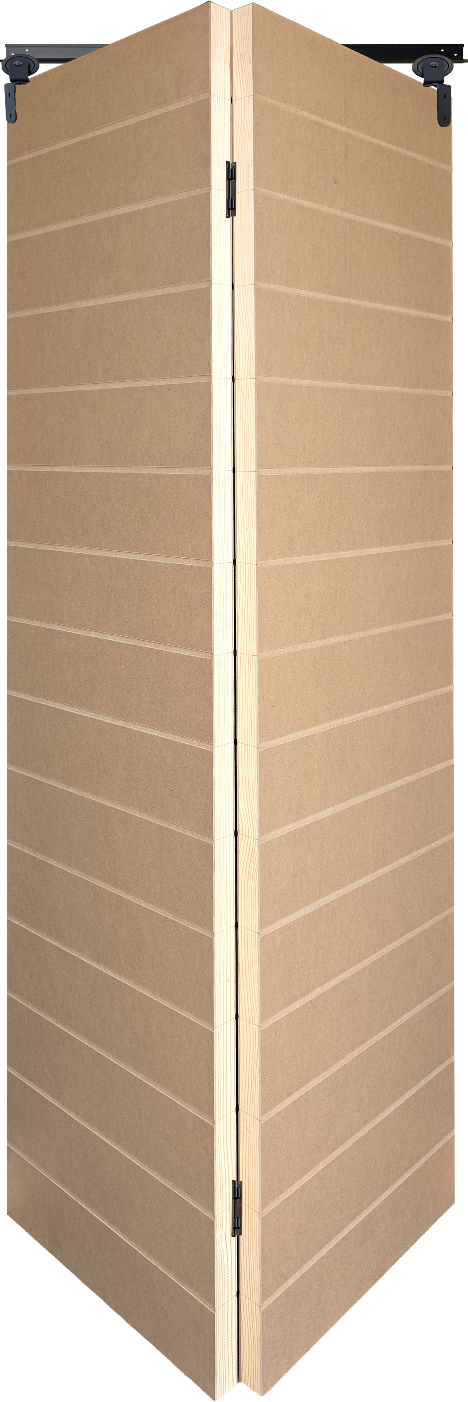 Open view of economy 14-groove bi-fold barn door with black hardware.