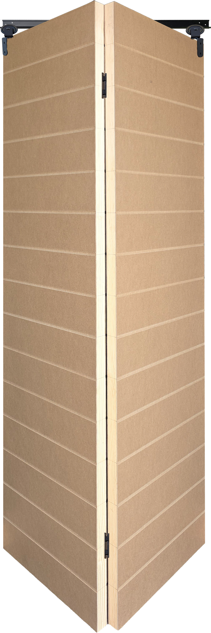 Open view of economy 14-groove bi-fold barn door with black hardware.