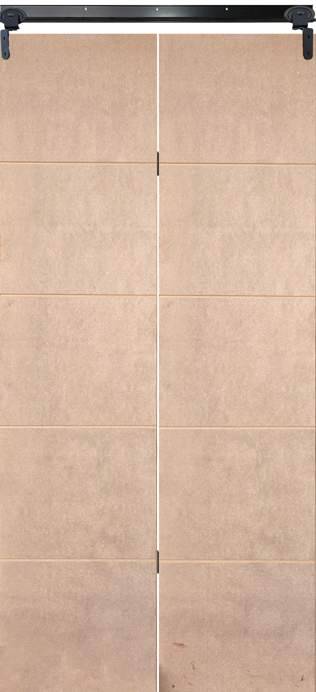 Medium Duty Bi-Fold Barn Door Pair - 4 Deep Grooves - Unpainted MDF with Black Sinkless Hinges and Barn Door Gear in closed position