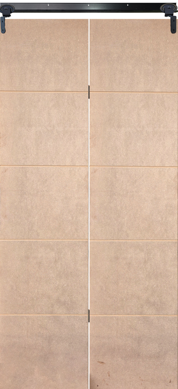 Medium Duty Bi-Fold Barn Door Pair - 4 Deep Grooves - Unpainted MDF with Black Sinkless Hinges and Barn Door Gear in closed position