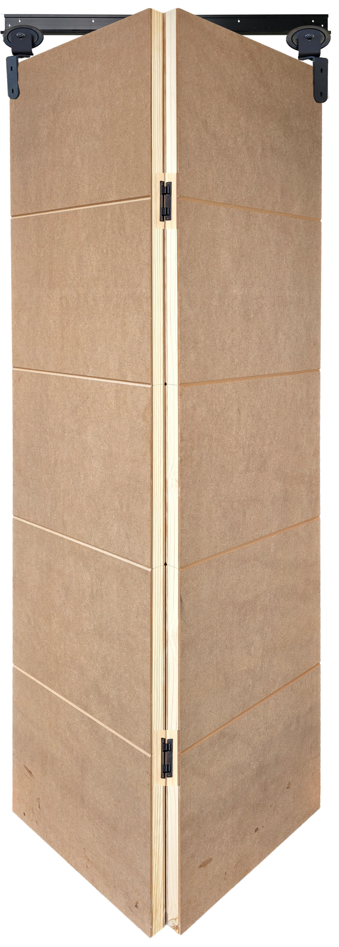 Medium Duty Bi-Fold Barn Door Pair - 4 Deep Grooves - Unpainted MDF with Black Sinkless Hinges and Barn Door Gear Partially Open