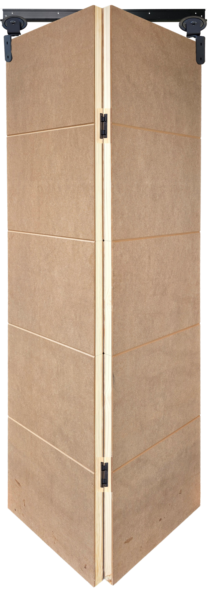 Medium Duty Bi-Fold Barn Door Pair - 4 Deep Grooves - Unpainted MDF with Black Sinkless Hinges and Barn Door Gear Partially Open