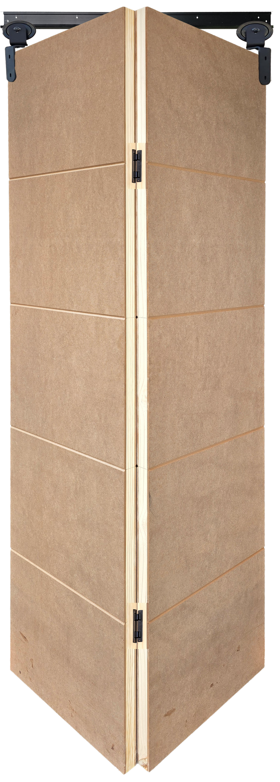 Medium Duty Bi-Fold Barn Door Pair - 4 Deep Grooves - Unpainted MDF with Black Sinkless Hinges and Barn Door Gear Partially Open