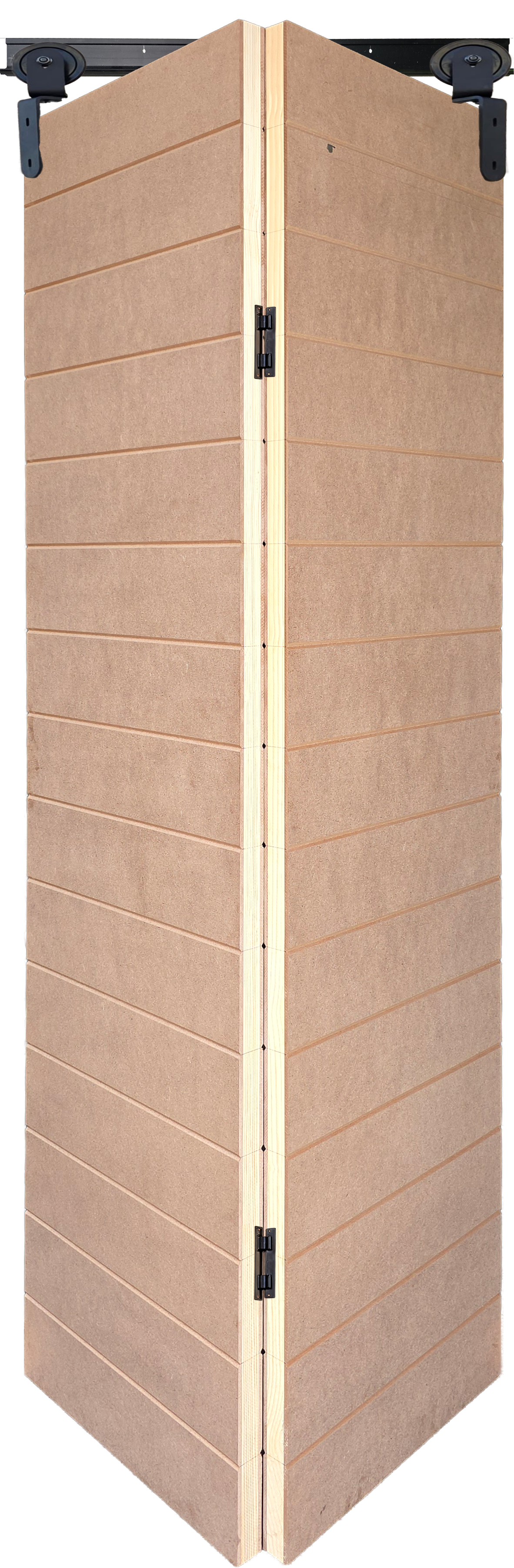 14-groove raw MDF bi-fold barn door kit with black sliding track hardware in open position