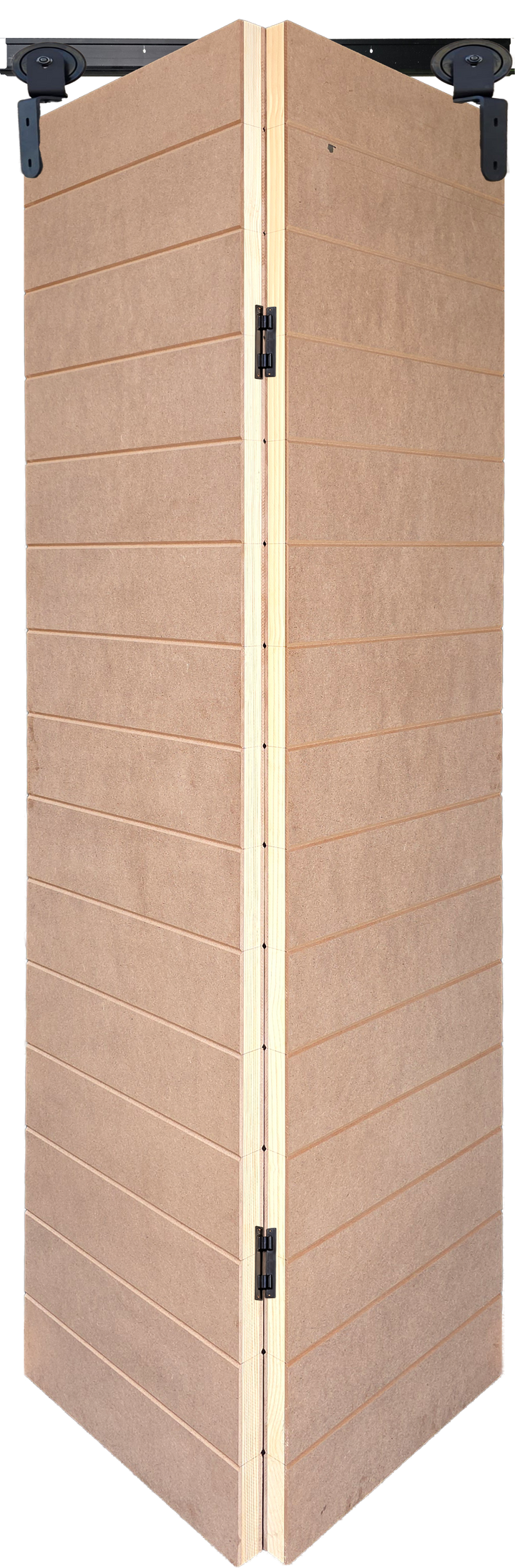 14-groove raw MDF bi-fold barn door kit with black sliding track hardware in open position