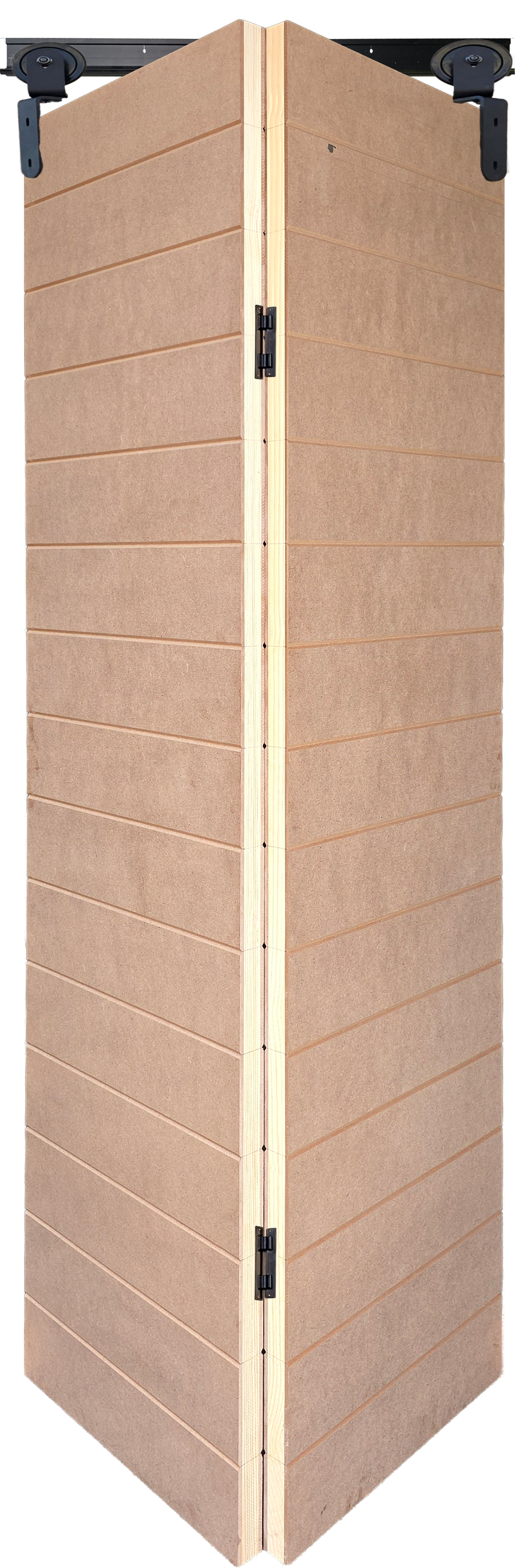 14-groove raw MDF bi-fold barn door kit with black sliding track hardware in open position