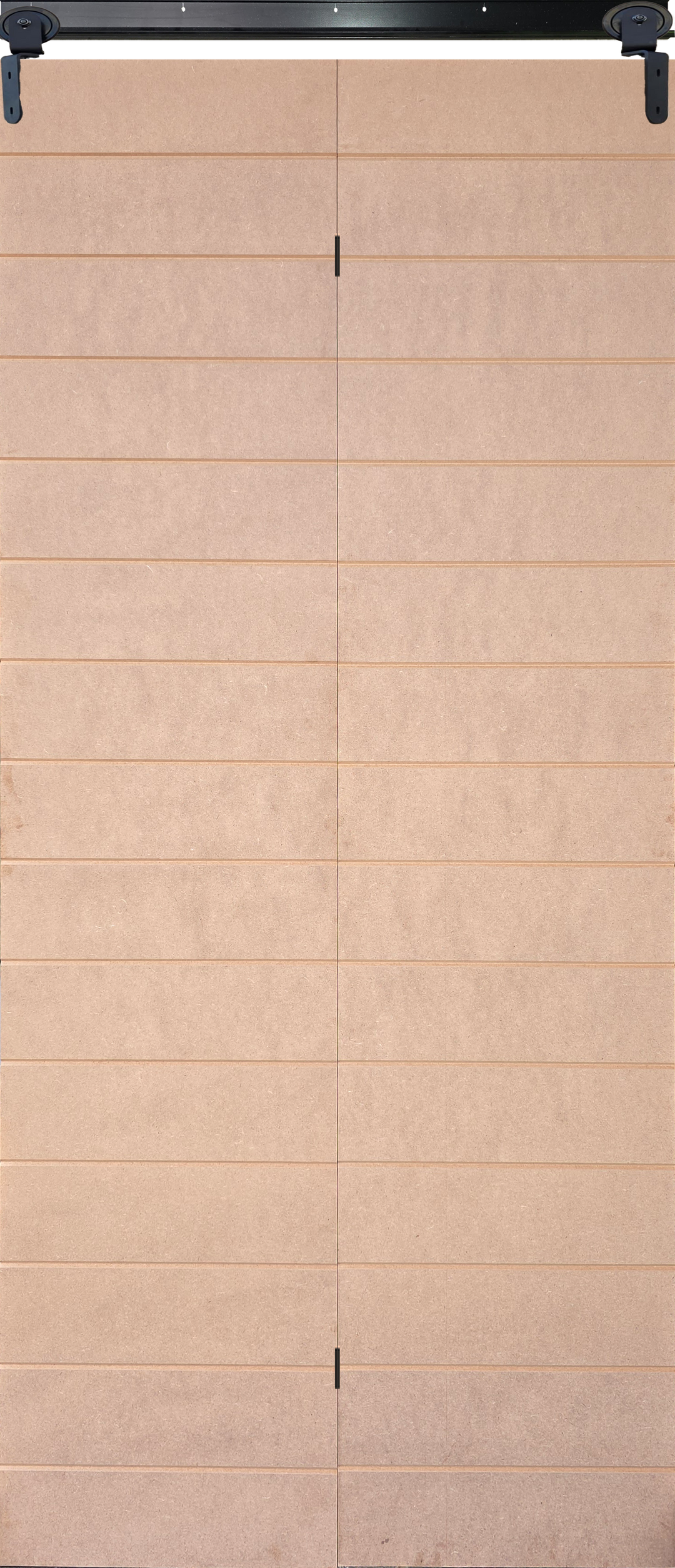 14-groove raw MDF bi-fold barn door kit with black sliding track hardware in closed position