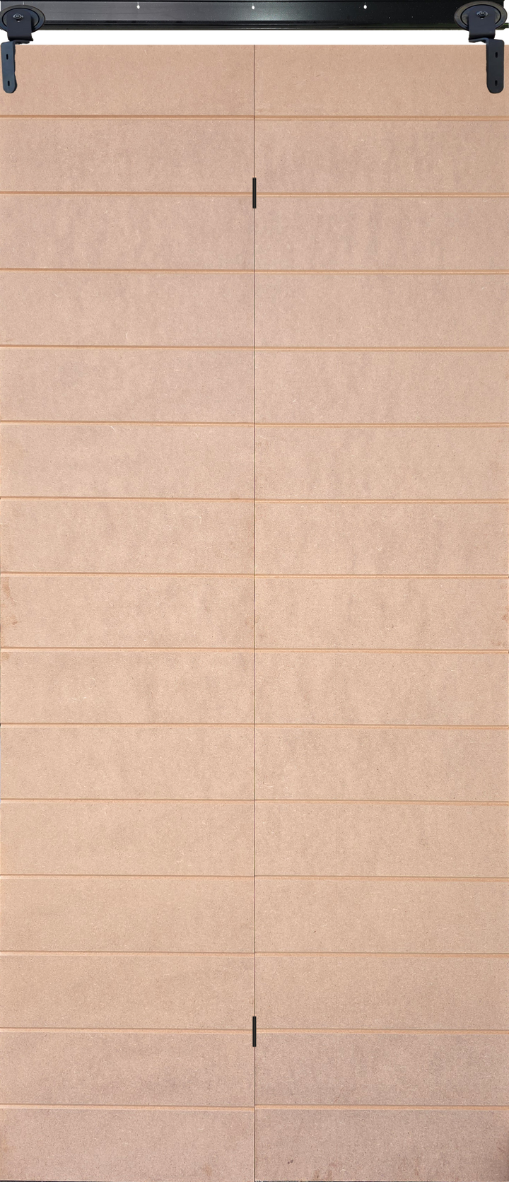 14-groove raw MDF bi-fold barn door kit with black sliding track hardware in closed position