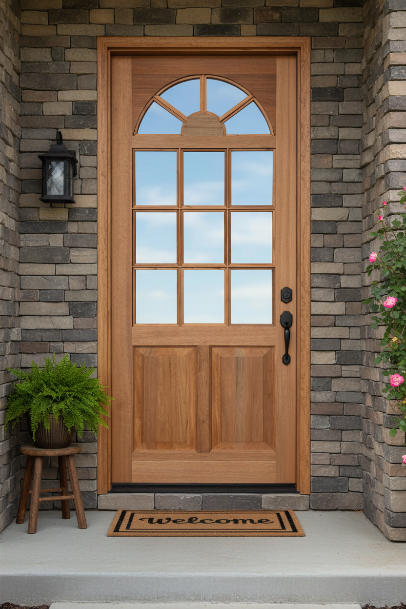 Kentucky Wooden front door with glass panels on a stone wall background