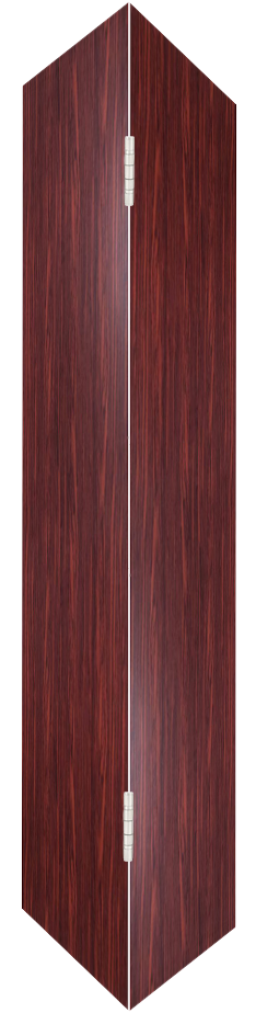A bifold door with a rich, dark wood finish is shown in the open position, with two panels folded together at the center hinge, creating a V-shape.