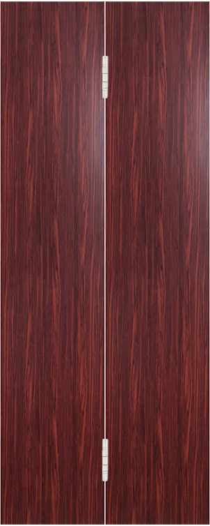 A bifold door with a rich, dark wood finish is shown in the closed position, with two panels aligned vertically and joined by hinges along their length.