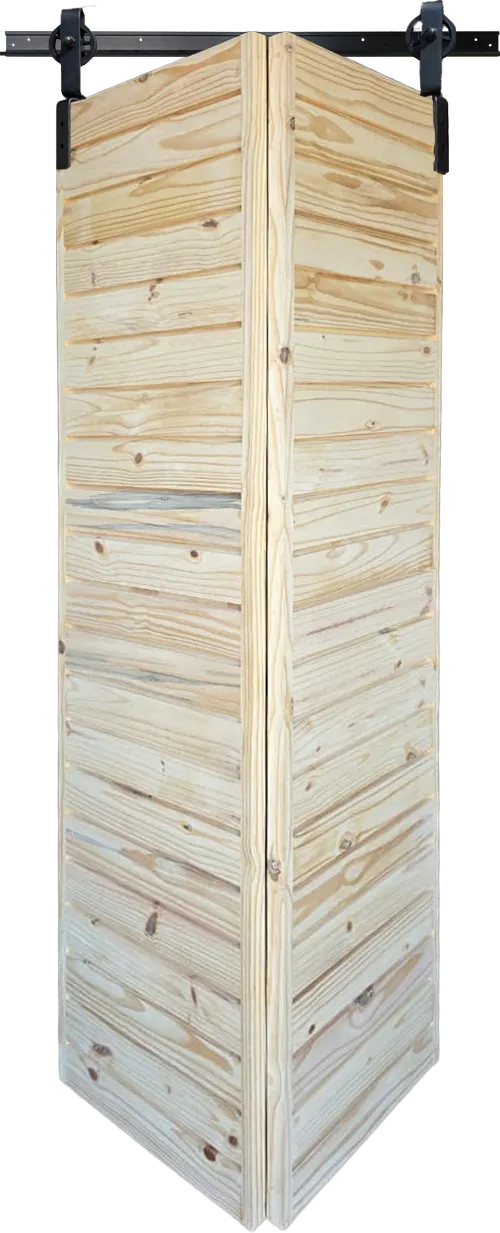 Linear Groove Pine Bifold Door partially folded to show space-saving barn door operation and black steel hinges.