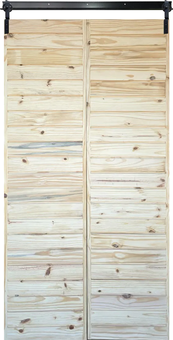 Linear Groove Pine Bifold Door in the closed position, showcasing the modern horizontal groove pattern, solid pine timber, and matte black barn door track hardware.