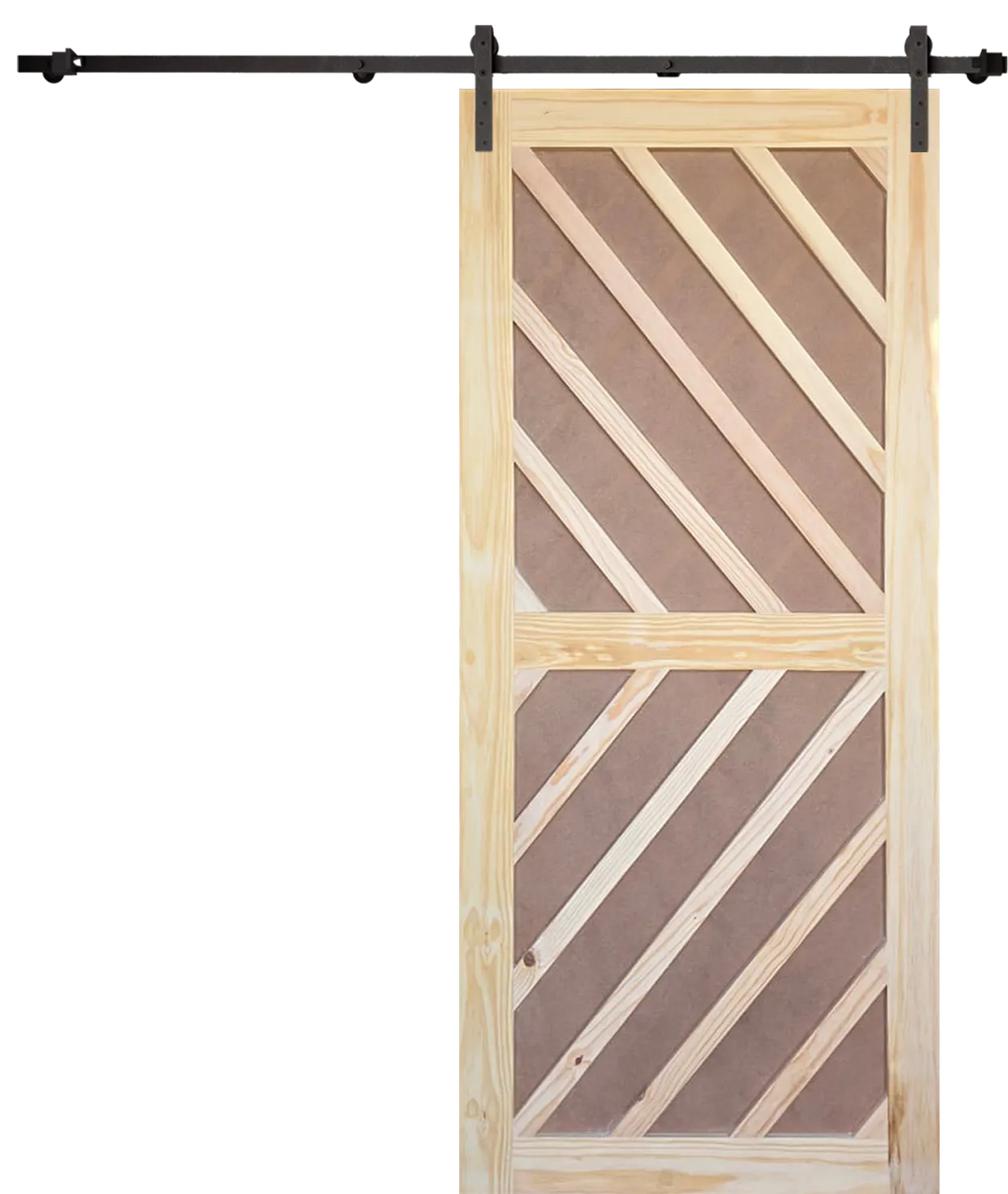 Front view of a raw wood diagonal slat barn door mounted on a black Doors Direct sliding track, suitable for modern South African interior design.