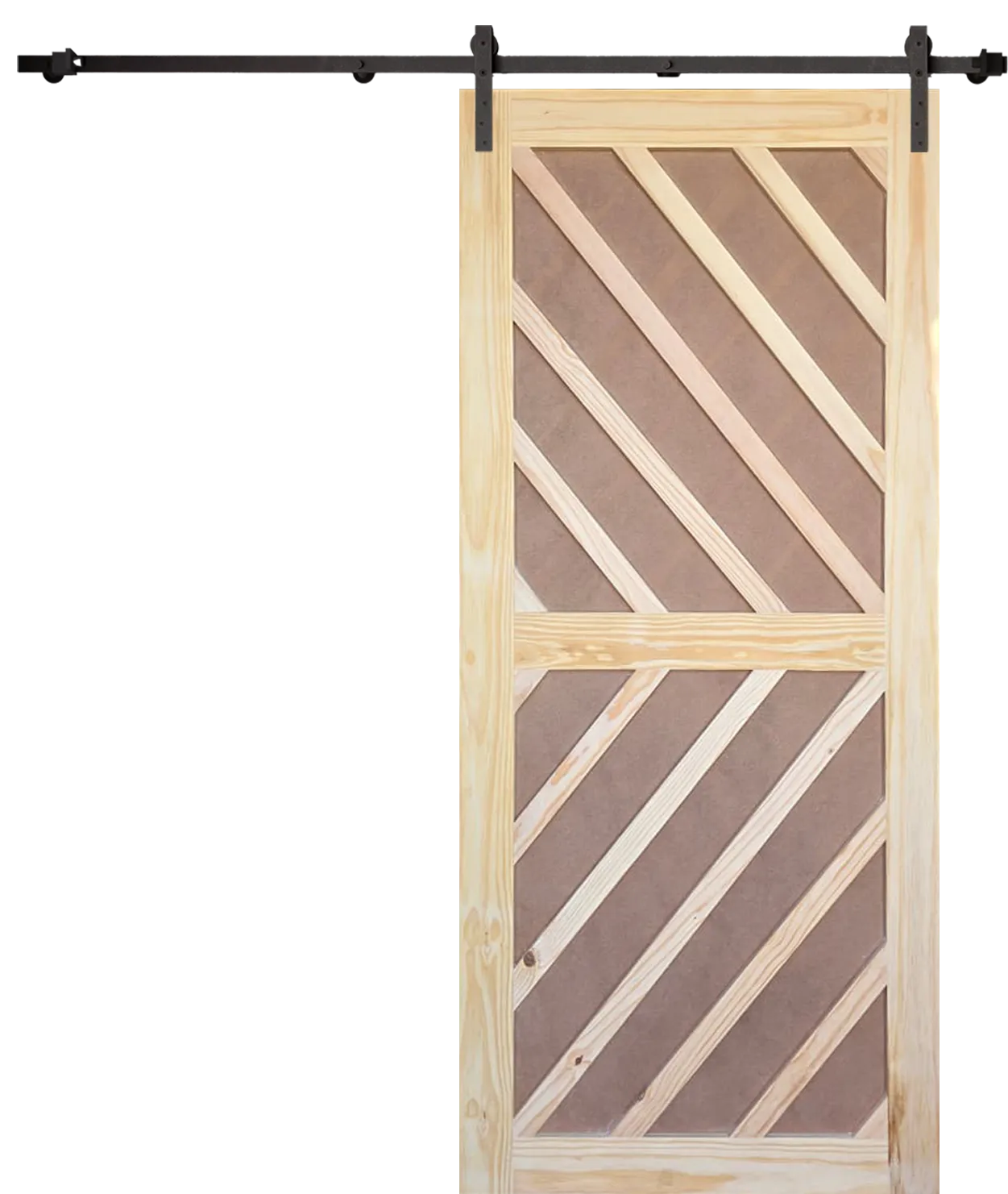 Front view of a raw wood diagonal slat barn door mounted on a black Doors Direct sliding track, suitable for modern South African interior design.