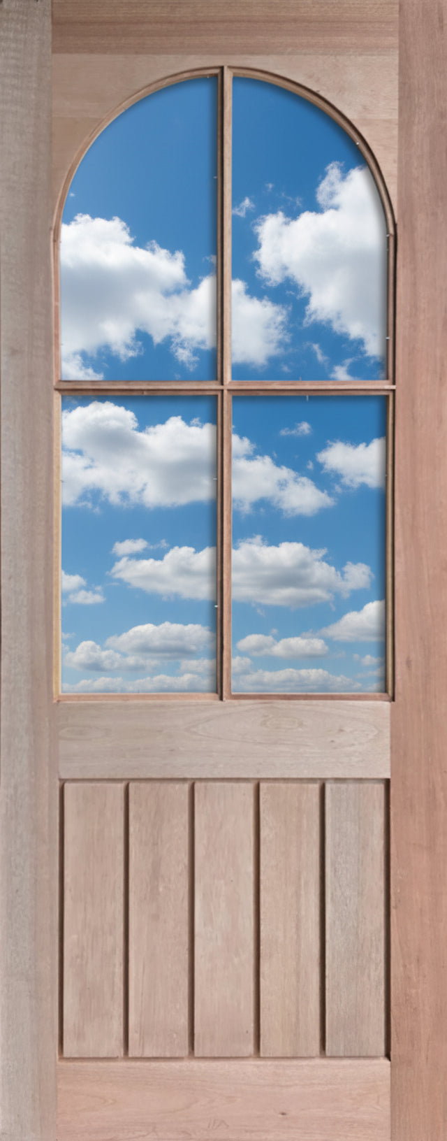 Meranti Arched 4-Lite solid wood exterior door with four upper glass rebates. Classic round top design for front entrance.