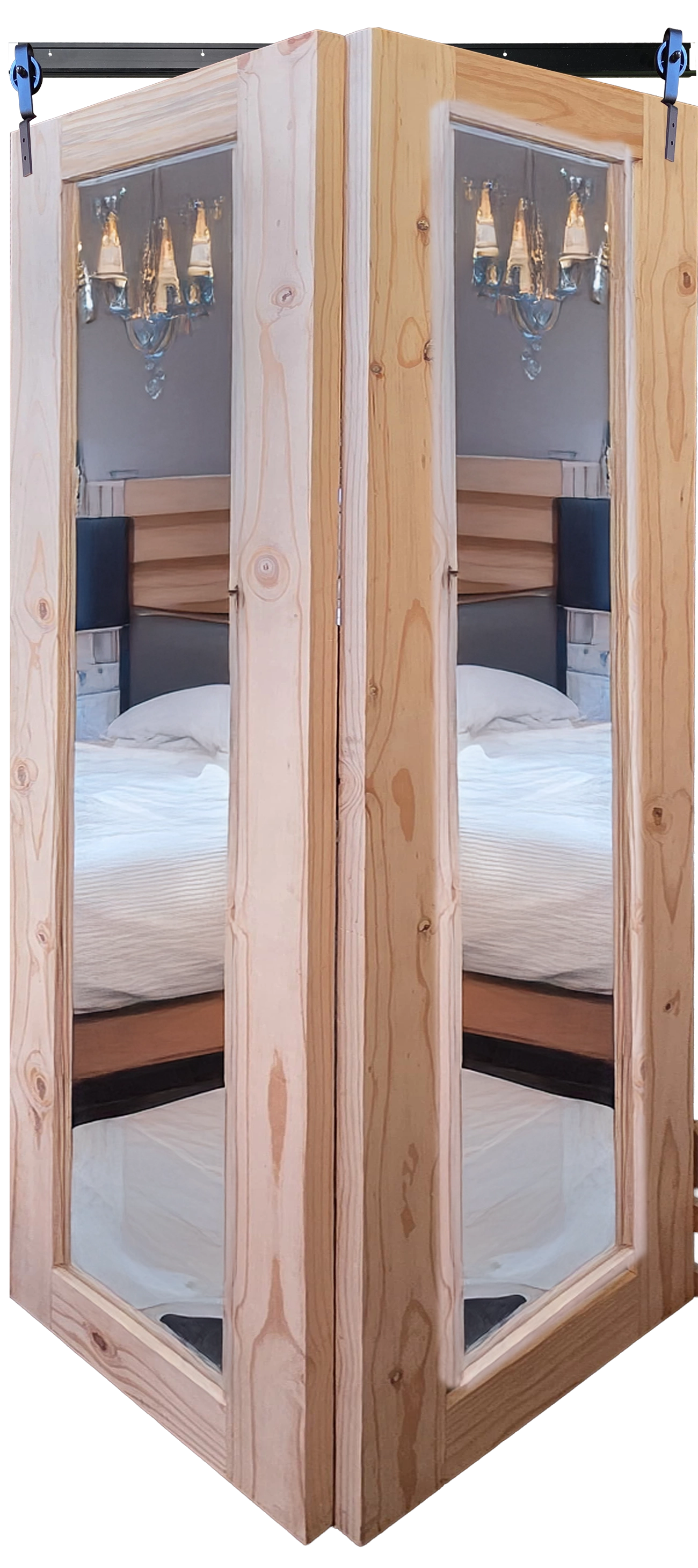 Unfinished raw pine wood bifold barn door with full-length mirror panels, ready for custom finishing.