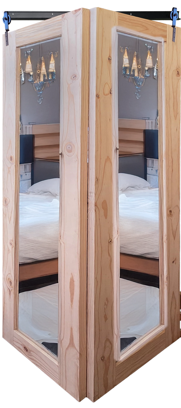 Unfinished raw pine wood bifold barn door with full-length mirror panels, ready for custom finishing.