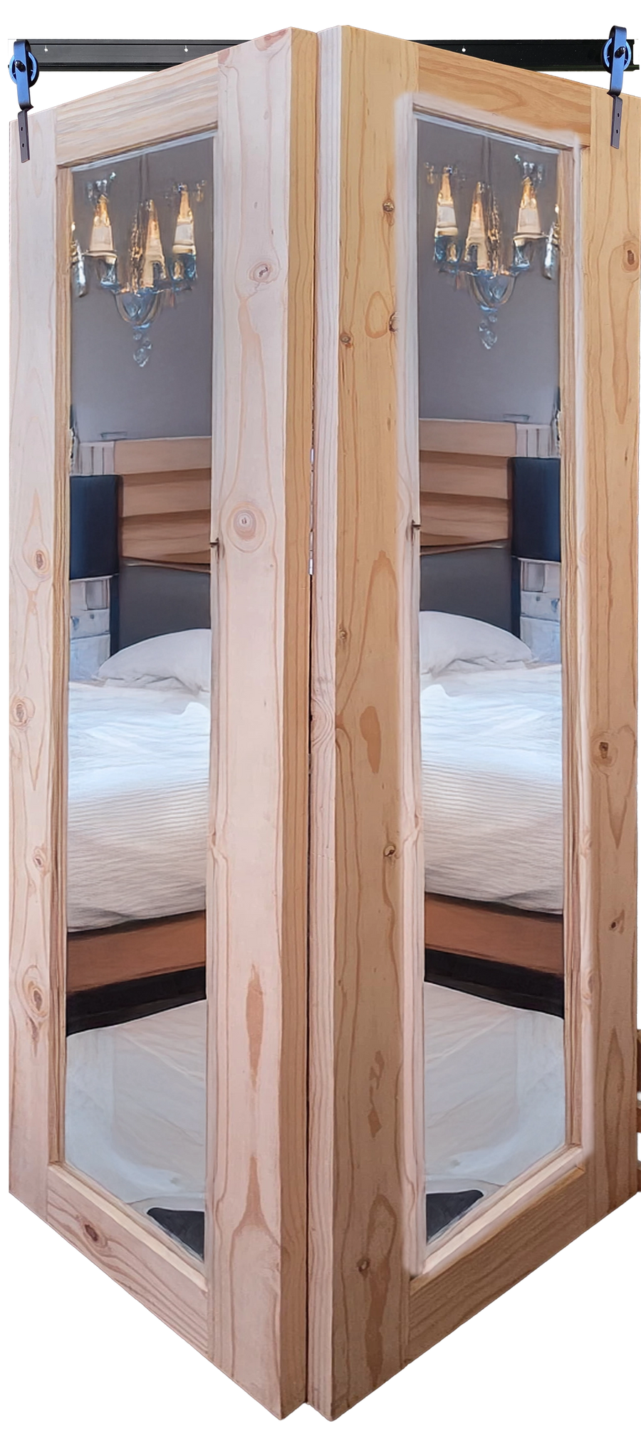 Unfinished raw pine wood bifold barn door with full-length mirror panels, ready for custom finishing.