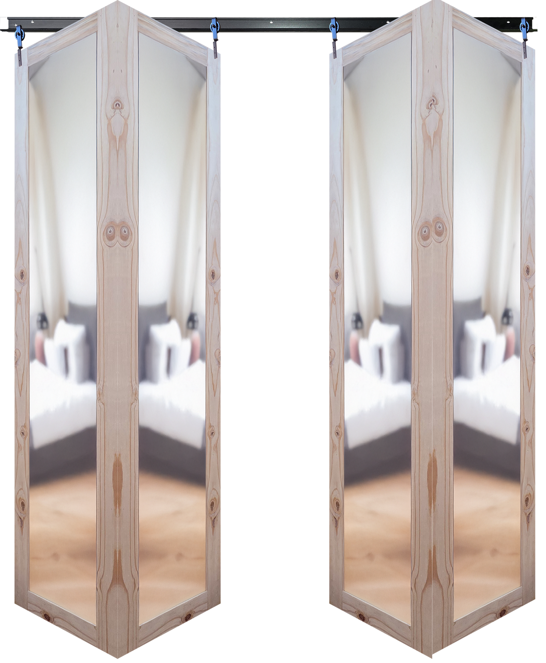 Raw Pine Mirror Double Bifold Barn Door system with two panels stacking to the left and two to the right on a black top track