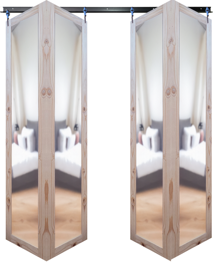 Raw Pine Mirror Double Bifold Barn Door system with two panels stacking to the left and two to the right on a black top track