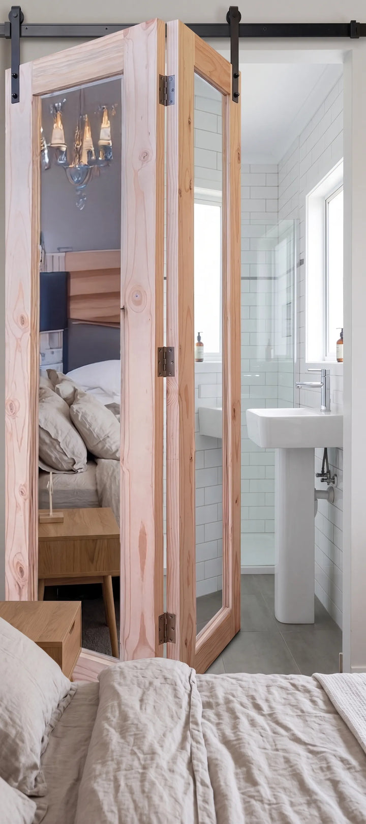 Mirror Pine Bifold door between a bedroom and bathroom.