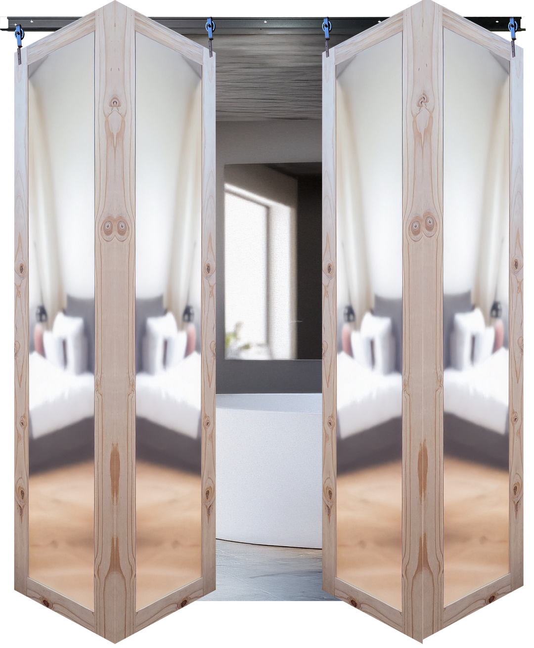 Foldable wooden screen with mirrors in a room setting