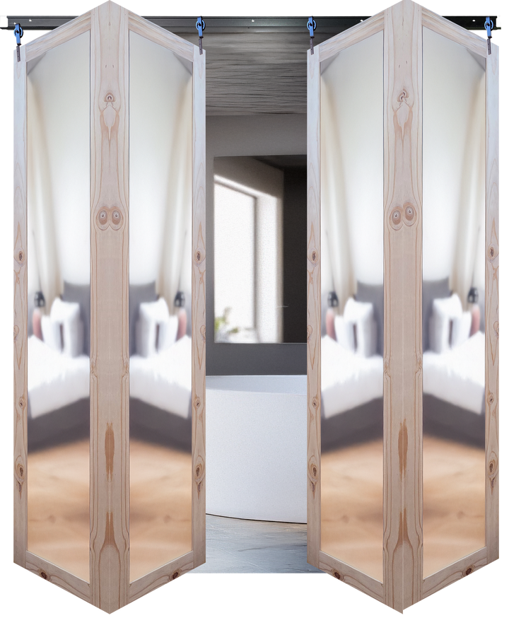 Foldable wooden screen with mirrors in a room setting