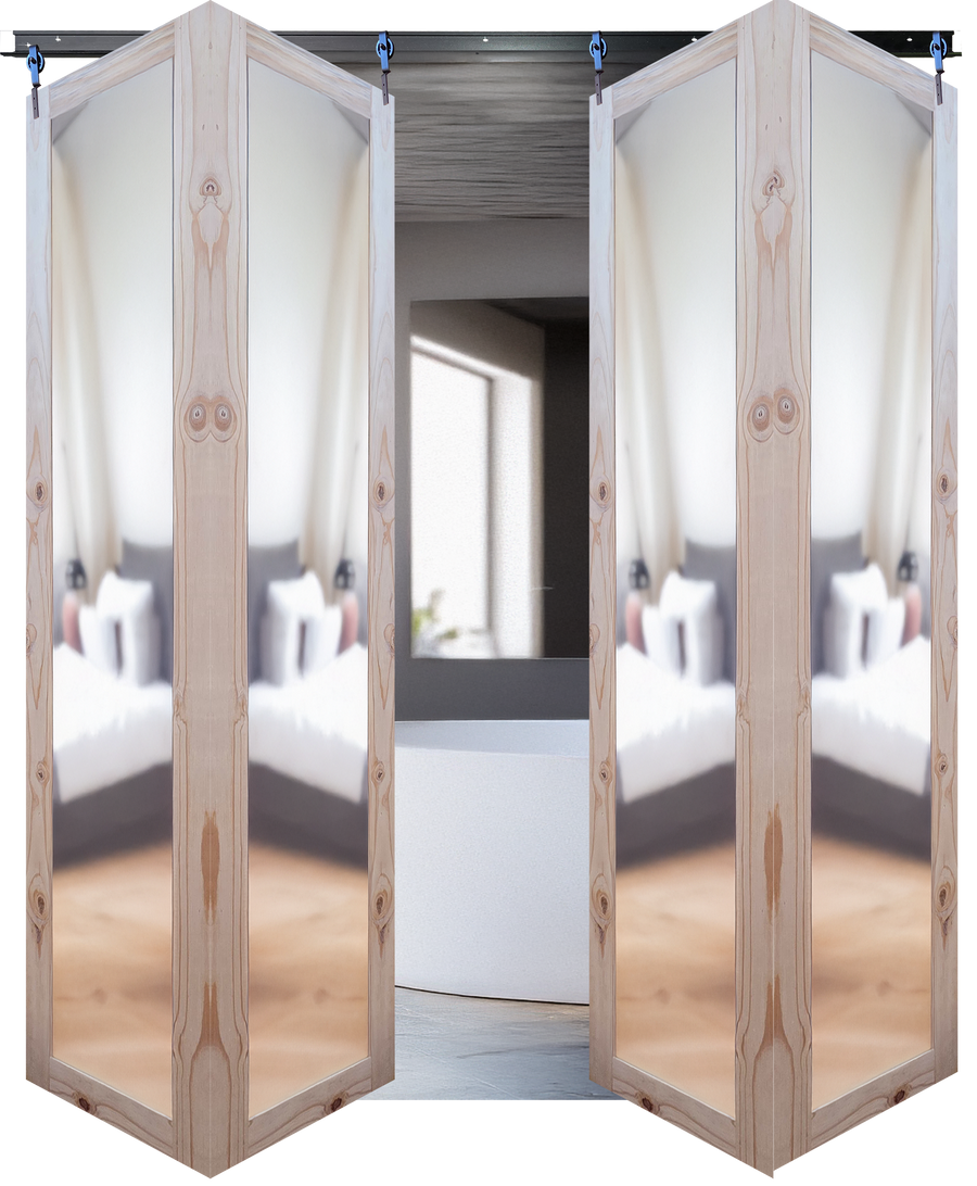 Foldable wooden screen with mirrors in a room setting