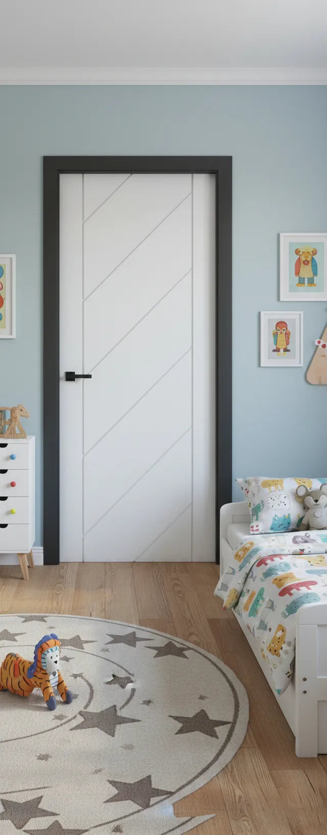 Children's room with a white Monza grooved door, bed, and toys on a wooden floor.