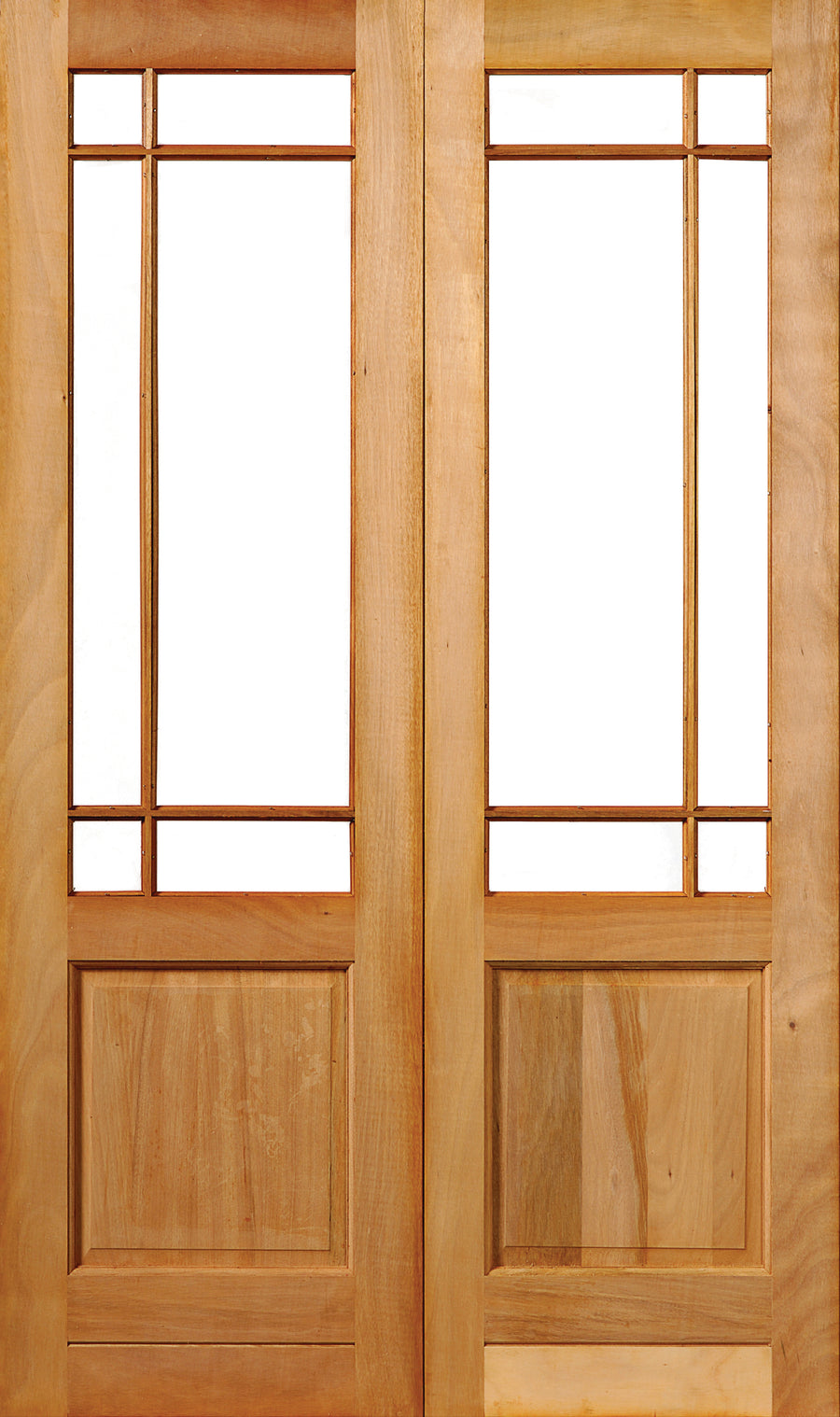 Swartland PD11/1210 double exterior doors with large glass panes and solid bottom panels – Winsters range, pre-dipped in transit stabiliser.