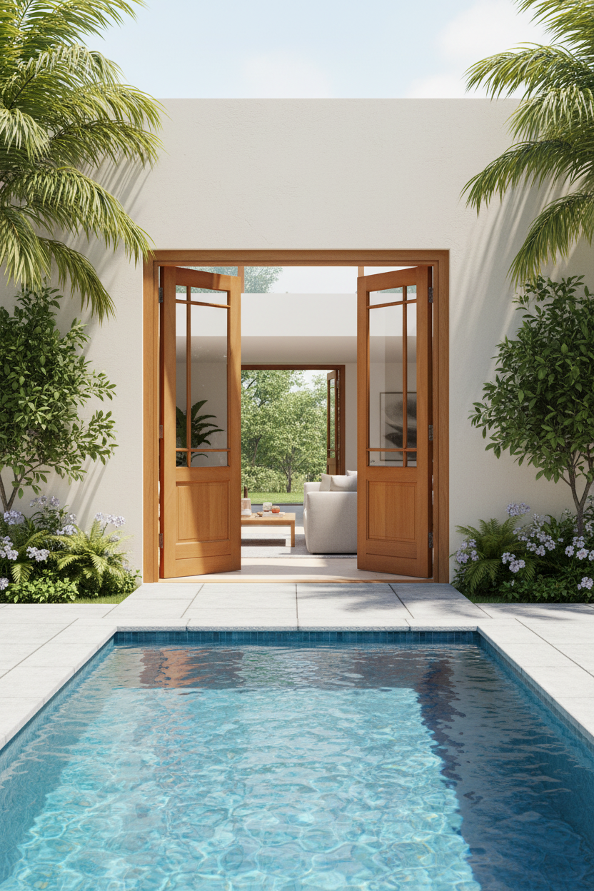 Modern pool area with Swartland PD11 wooden doors leading to a patio