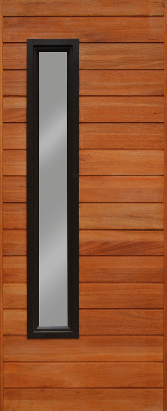 Swartland PD611 exterior door with horizontal wooden slats and vertical black-framed aluminum glass panel – modern single door design