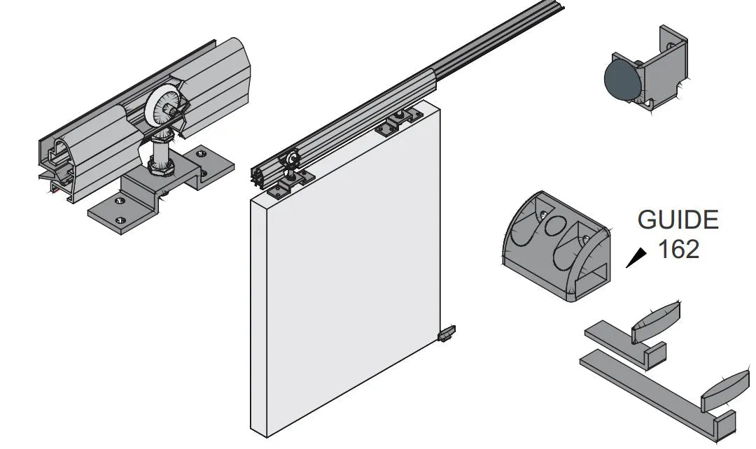 Poltava interior single door sliding mechanism kit – exploded view showing aluminium track, top runner assembly, Guide 162 bottom guide, end stops, and fixings