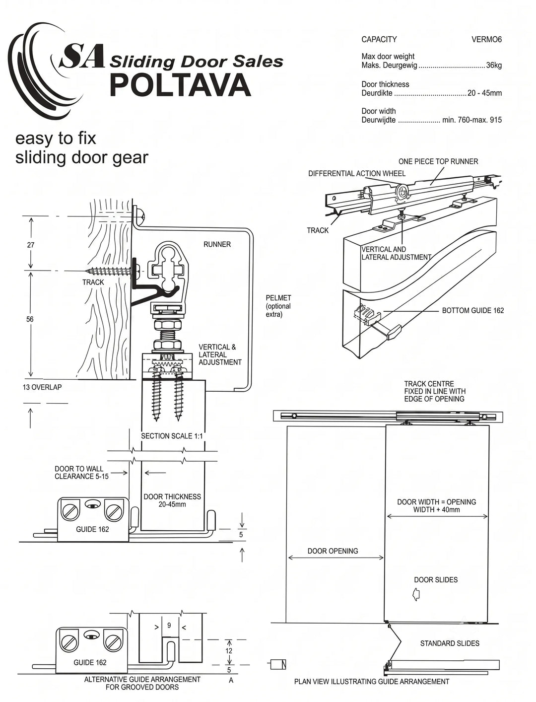 Poltava sliding door gear installation guide – 6-step diagram showing top plate fixing, runner assembly, track mounting, door lifting, end stop positioning, and bottom guide alignment