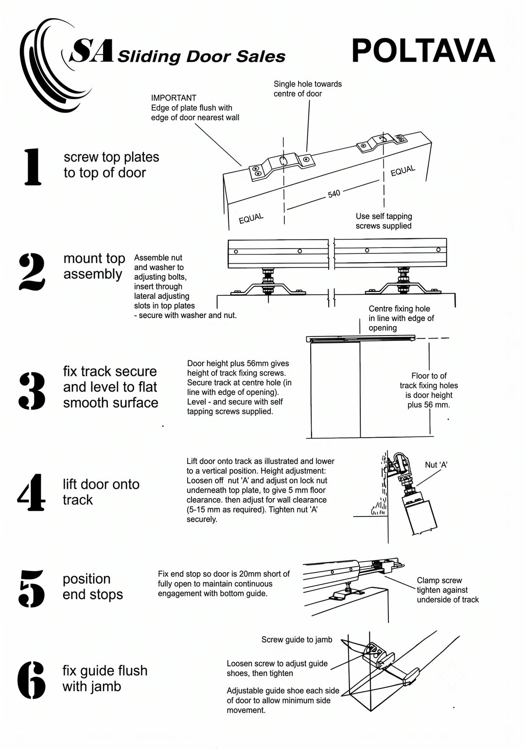 Black and white instruction sheet for POLTAVA sliding door sales, detailing a 6-step guide on how to install and adjust a sliding door track, complete with diagrams, measurements, and screw positions.