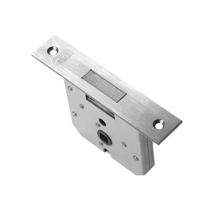 QS0055/5 stainless steel bathroom mortice lock body with latch bolt, WC thumbturn spindle, and forend plate — 55mm centre