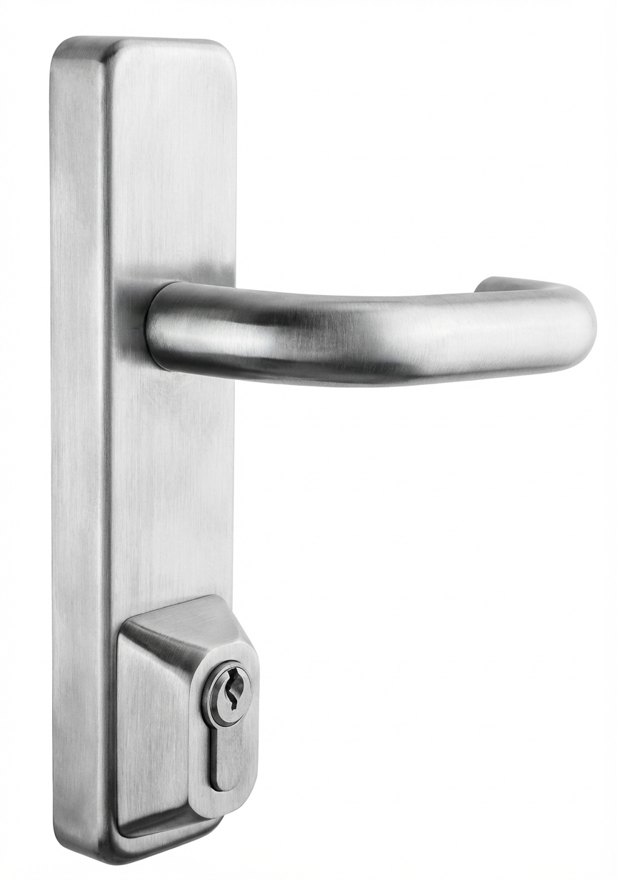 Stainless Steel QS430 door handle with lock on a white background
