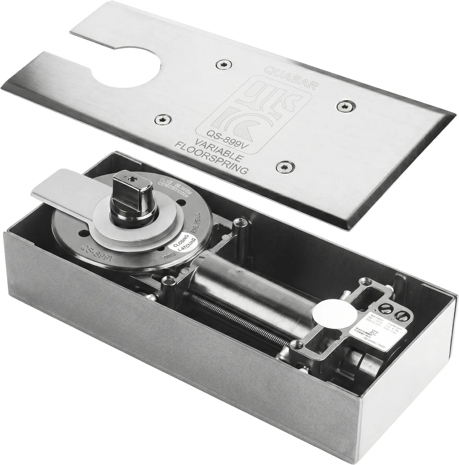 QS899V Variable Floor Spring door closer with visible branding on a white background