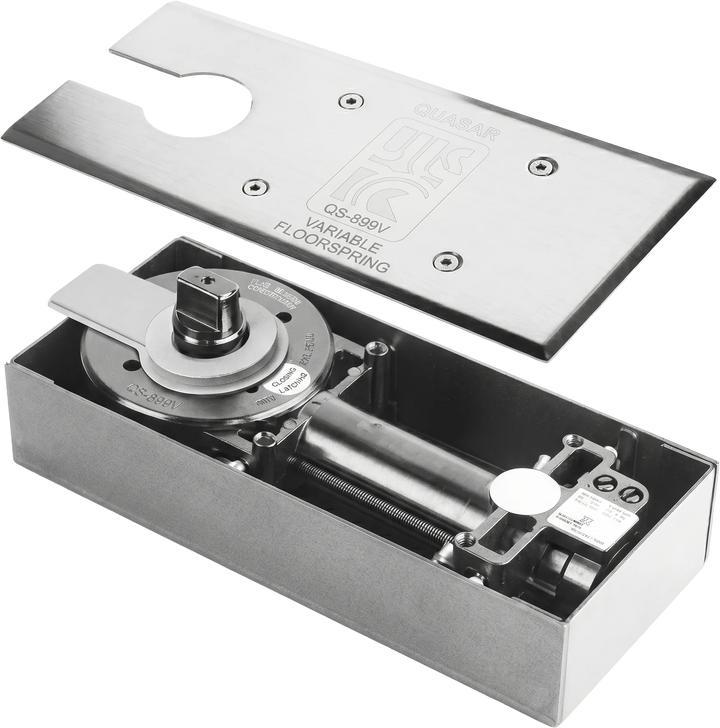 QS899V Variable Floor Spring door closer with visible branding on a white background